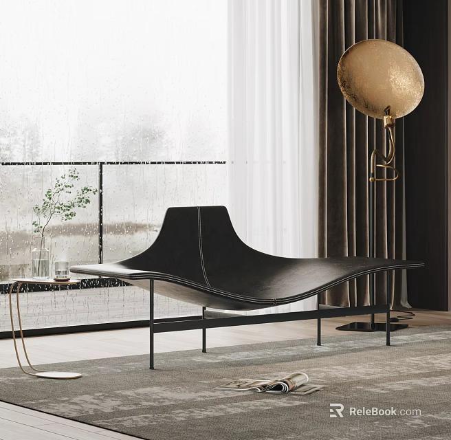 Modern Black Leather Chaise Lounge by Window with Floor Lamp and Green Plant 3d model 