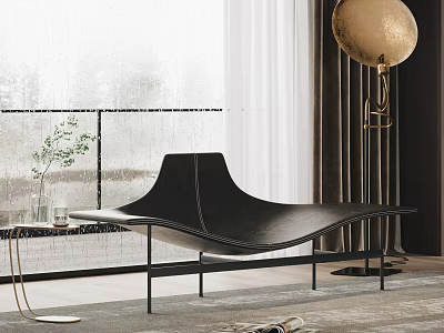 Modern Black Leather Chaise Lounge by Window with Floor Lamp and Green Plant 3d model