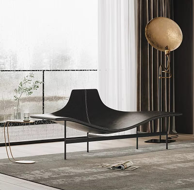 Modern Black Leather Chaise Lounge by Window with Floor Lamp and Green Plant 3d model
