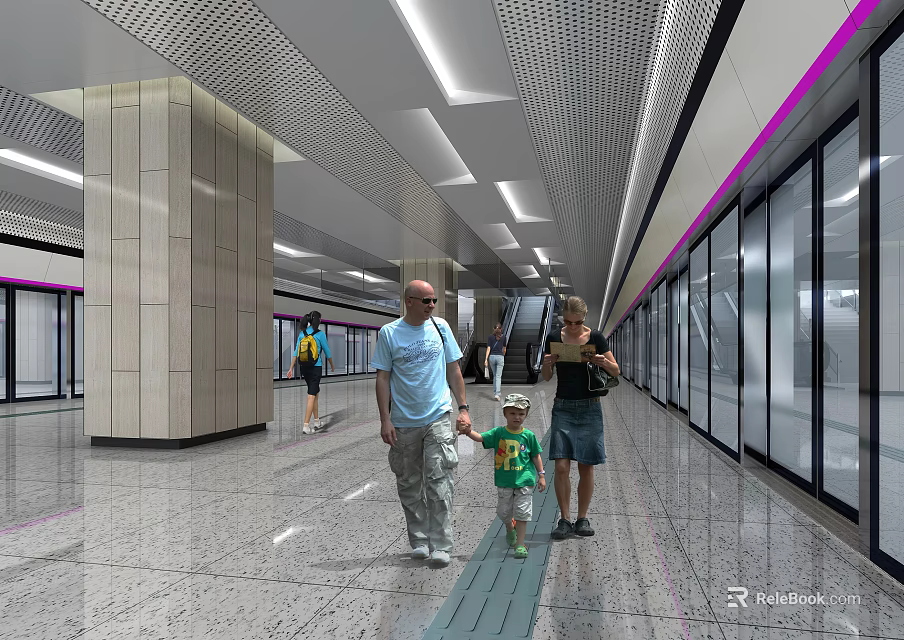 Modern Metro Station Platform With Passengers Glass Doors Columns And Bright Lighting 3d model 