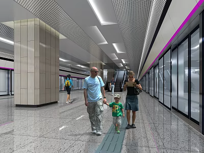 Modern Metro Station Platform With Passengers Glass Doors Columns And Bright Lighting 3d model
