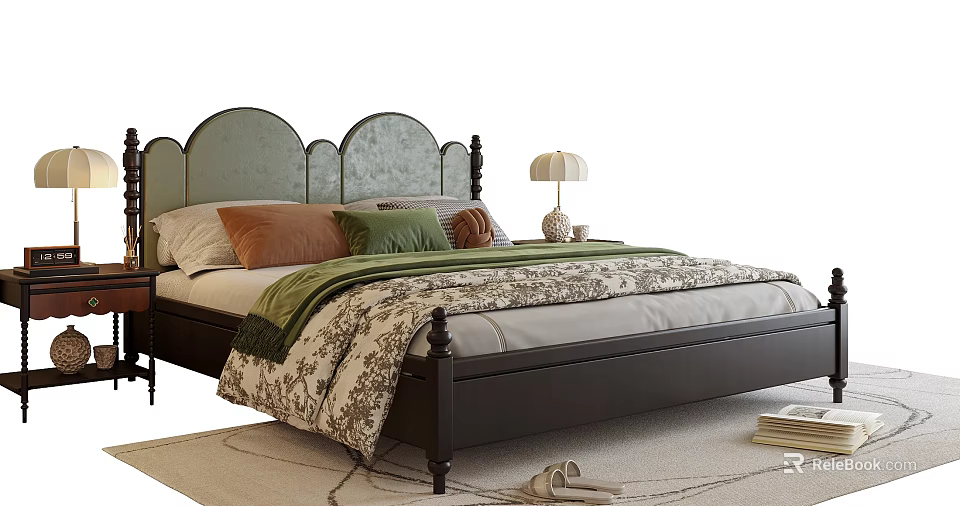 Classic Double Bed With Tufted Headboard Colorful Pillows Vintage Lamp And Soft Bedspread 3d model 