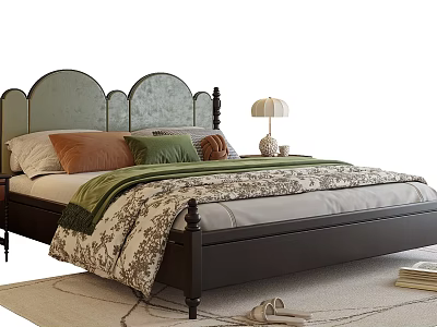 Classic Double Bed With Tufted Headboard Colorful Pillows Vintage Lamp And Soft Bedspread 3d model