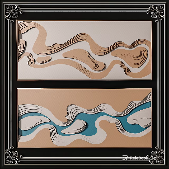 Elegant Modern Decorative Paintings With Beige Blue Wave Patterns And Black Frames 3d model 