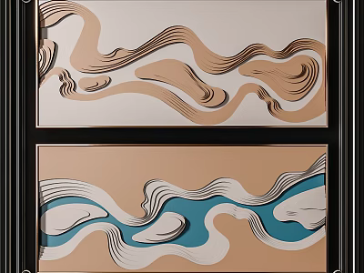 Elegant Modern Decorative Paintings With Beige Blue Wave Patterns And Black Frames 3d model