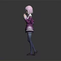 3D Animated Game Character With Pink Hair Purple And White Jacket Blue Pants Standing Pose