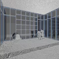 Decorative Lights With Illuminated Grid Panels And Silver Spherical Decor In Modern Exhibition Space