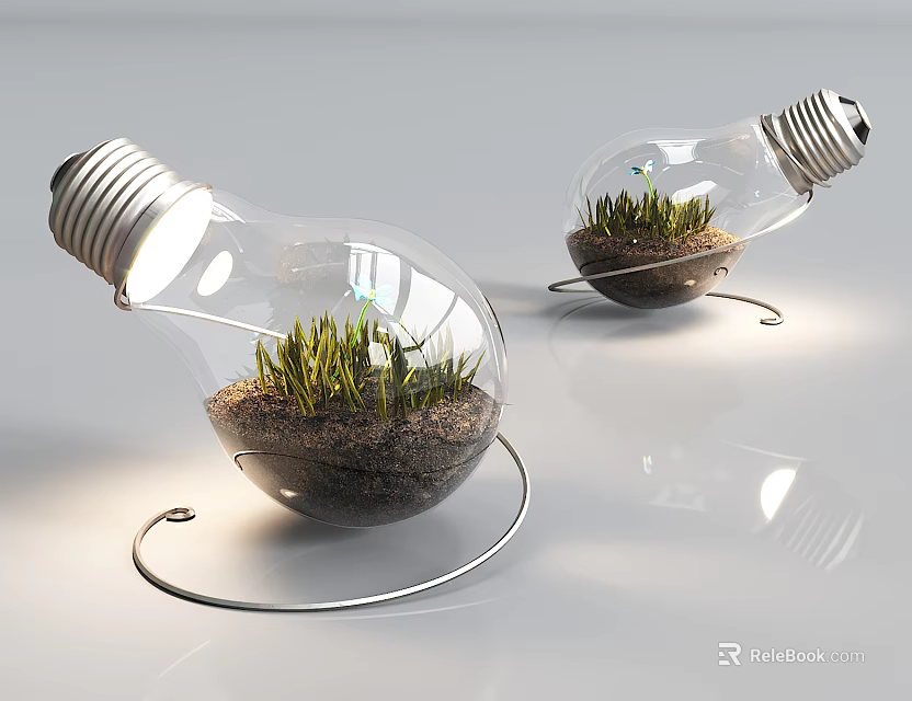 Bulb Shaped Decorative Lamp With Transparent Glass Container Grass And Soil On Metal Stand 3d model 