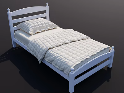 Simple White Wooden Single Bed With Quilted Bedspread And Pillow Design 3d model
