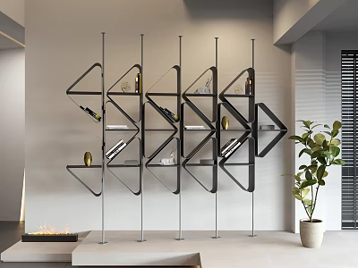 Modern Geometric Bookshelf With Glass Shelves Black Frame In Contemporary Interior With Potted Plant 3d model