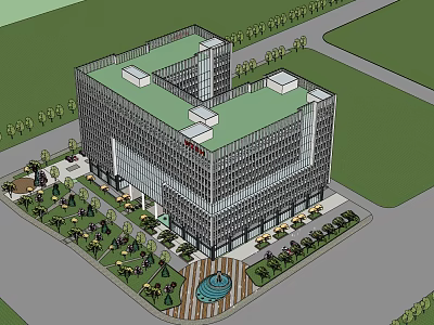 Modern Office Building With Glass Facade Green Roof Circular Plaza And Landscaped Surroundings 3d model