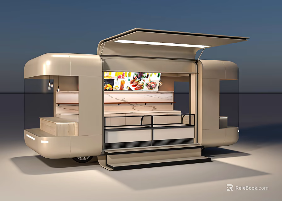 Modern Mobile Food Cart With Open Service Counter And Food Displays 3d model 