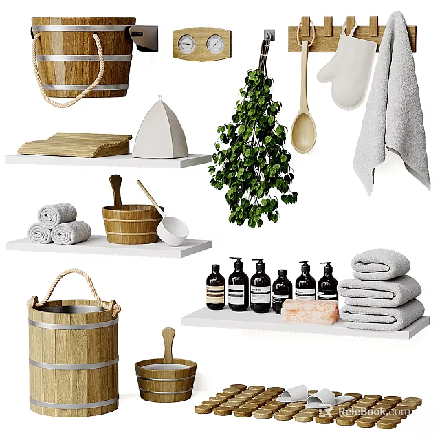 Natural Decorative Ornament Set With Wooden Bucket Rolled Towels Green Plant And Bottles For Bathroom 3d model 