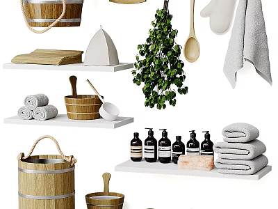 Natural Decorative Ornament Set With Wooden Bucket Rolled Towels Green Plant And Bottles For Bathroom 3d model