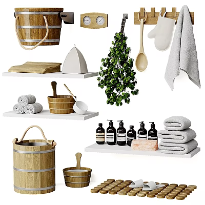 Natural Decorative Ornament Set With Wooden Bucket Rolled Towels Green Plant And Bottles For Bathroom 3d model