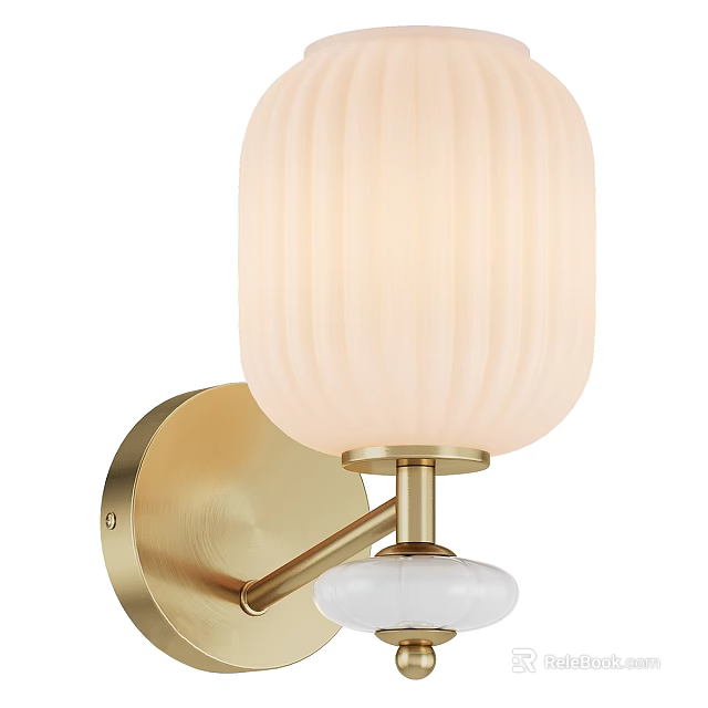 Elegant Wall Lamp With Gold Metal Base And White Ribbed Glass Lampshade 3d model 
