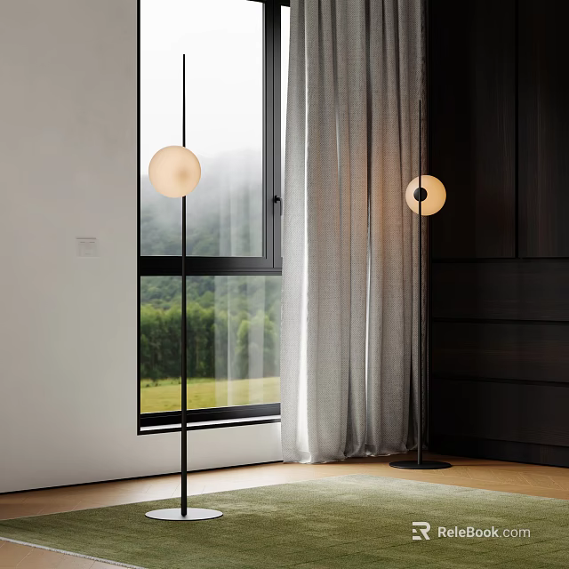 Modern Floor Lamp With Spherical Shade In Living Room By Window Natural View Curtains 3d model 