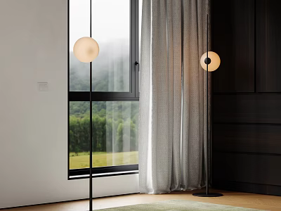 Modern Floor Lamp With Spherical Shade In Living Room By Window Natural View Curtains 3d model