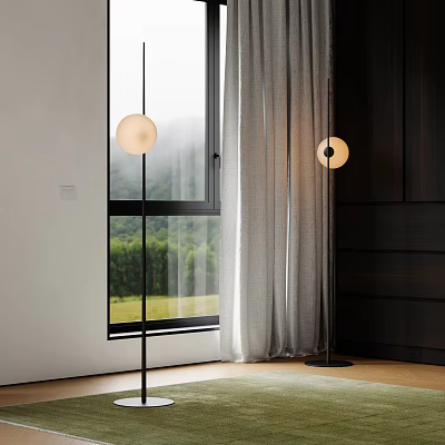 Modern Floor Lamp With Spherical Shade In Living Room By Window Natural View Curtains 3d model