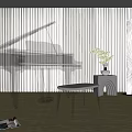 Elegant Transparent Piano And Artistic Elements In Modern Interior With Decorative Bench Vase And Sculpture