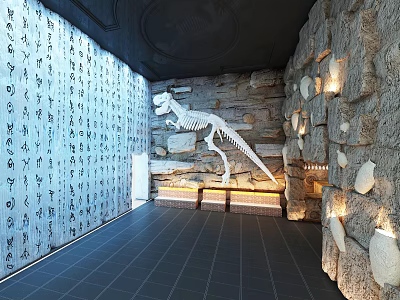 Cultural Center Interior Featuring Dinosaur Skeleton Stone Wall Chinese Calligraphy And Illuminated Lighting 3d model