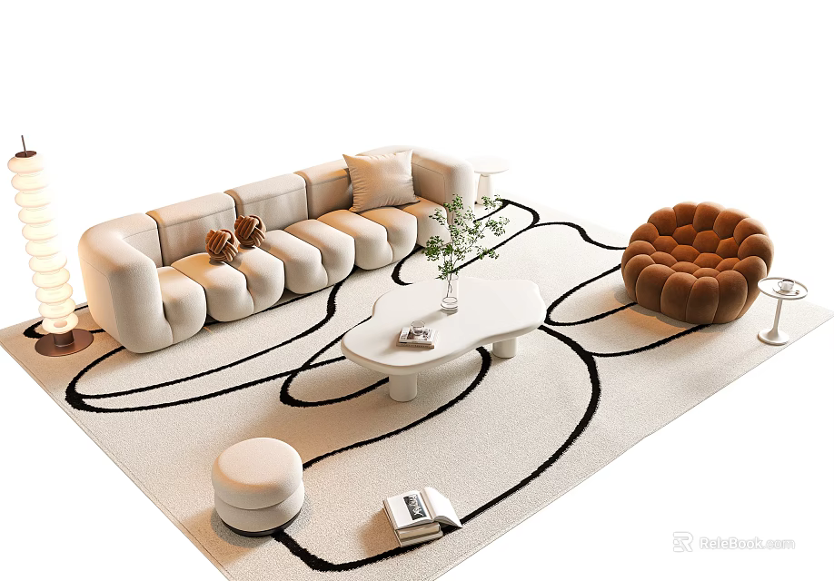 Beige Curved Sofa and White Coffee Table with Round Brown Armchair and Black White Rug 3d model 