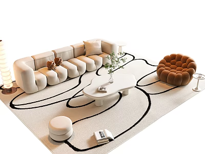 Beige Curved Sofa and White Coffee Table with Round Brown Armchair and Black White Rug 3d model