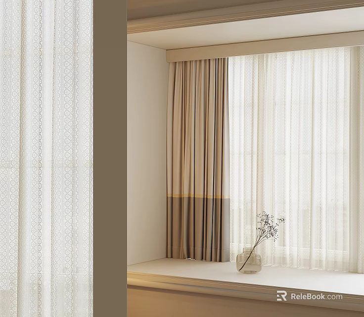 Modern Living Room Window With Light Filtering Textured Curtains And Decorative Vase 3d model 