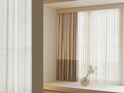 Modern Living Room Window With Light Filtering Textured Curtains And Decorative Vase 3d model