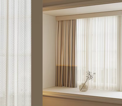 Modern Living Room Window With Light Filtering Textured Curtains And Decorative Vase 3d model