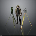 Surveying Instruments On Tripods With Surveyor In Trench Coat And Hat