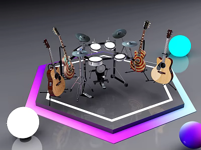 Acoustic Guitars And Drum Set On Stage With Colorful Lights And Glowing Spheres 3d model