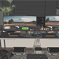 Entertainment Room Interior Featuring Dual Monitors People Gaming Gear Plants And Blinds