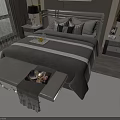 Double Bed With Gray Bedding Pillows And Nightstands Table Lamps Window View Bench And Rug