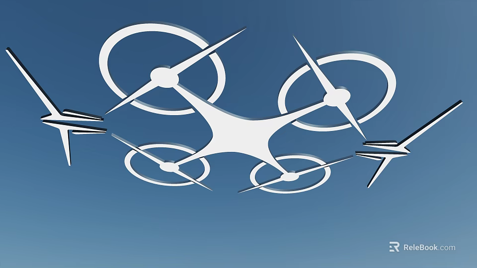 White Quadcopter Drone Silhouettes With Propellers Flying In Blue Sky 3d model 