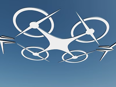 White Quadcopter Drone Silhouettes With Propellers Flying In Blue Sky 3d model