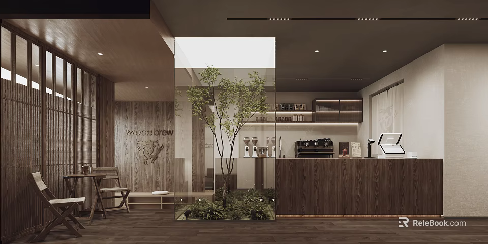 Modern Café Interior Design With Wooden Bar Counter Green Plants And Natural Light 3d model 