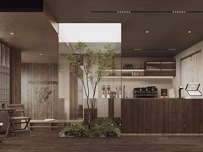 Modern Café Interior Design With Wooden Bar Counter Green Plants And Natural Light 3d model