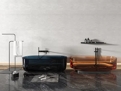 Modern Acrylic Bathtubs in Black and Orange with Towel Rack and Marble Floor 3d model