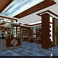Elegant Specialty Store Interior with Wooden Walls Blue Billboard Reception Counter and Marble Floor