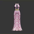 Man Showcasing Pink Lace Long Dress With Golden Belt And Elegant Design