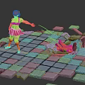 Red Haired Female Character In Red Skirt With Orange Creature On Broken Gray Tile Ground