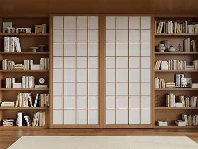 Wooden Bookcase With Sliding Grid Doors And Open Shelves Filled With Books And Decor 3d model