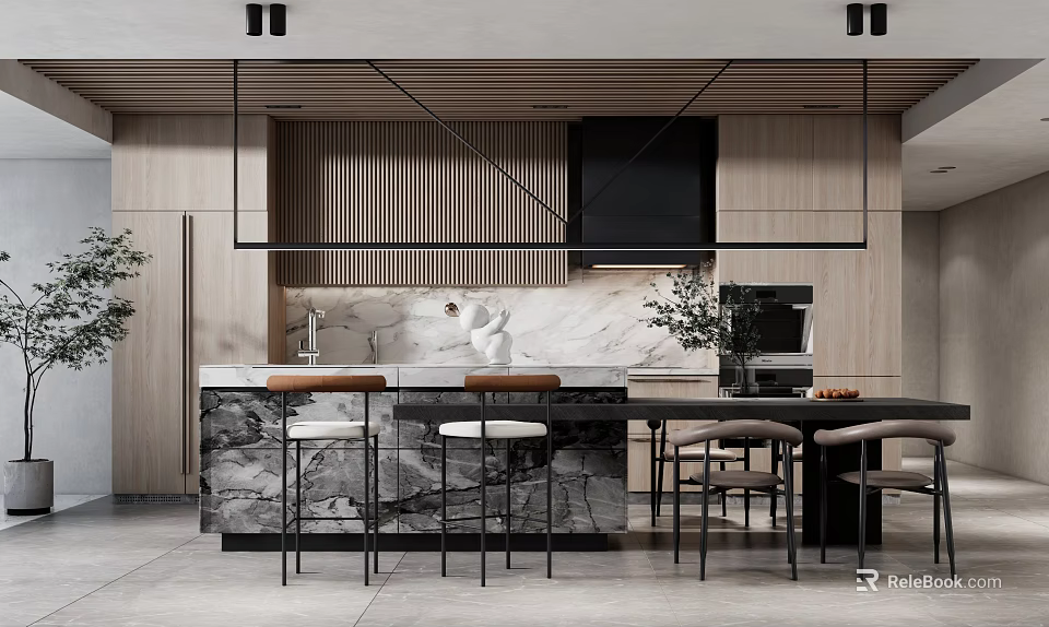 Modern Elegant Restaurant Interior With Marble Bar Counter Bar Stools Wooden Wall And Hanging Lights 3d model 