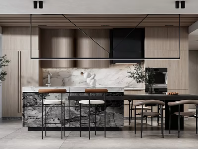 Modern Elegant Restaurant Interior With Marble Bar Counter Bar Stools Wooden Wall And Hanging Lights 3d model