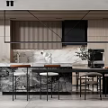 Modern Elegant Restaurant Interior With Marble Bar Counter Bar Stools Wooden Wall And Hanging Lights
