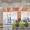 Modern Open Public Office Space With Green Chairs White Desks Computer Monitors And City View