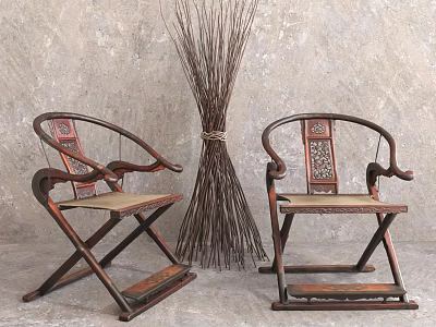 Chinese Style Wooden Carved Chairs With Cross Legged Design Dried Branches Against Textured Gray Background 3d model