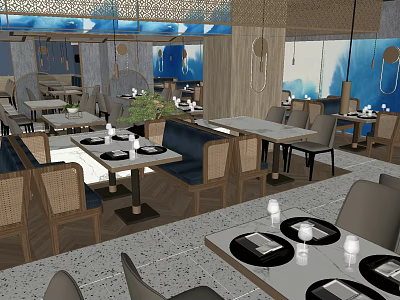 Modern Restaurant Interior With Dining Tables Chairs And Table Settings 3d model