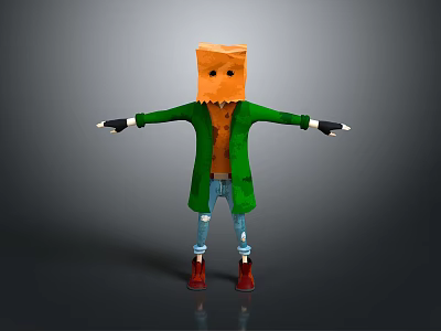 Cartoon Character With Orange Square Head Green Coat Blue Ripped Jeans Red Boots Black Gloves 3d model